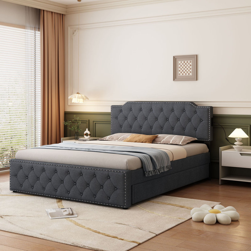 Modern Wooden Platform Bed with Tufting and Brass Stud Accents